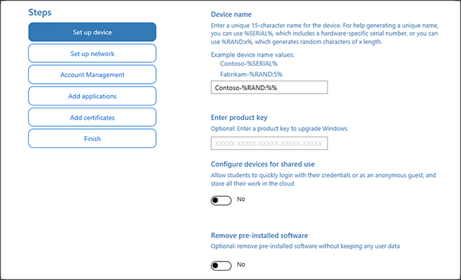 Abbildung vom Angeben des Namens und Produktschlüssels in der Windows Configuration Designer-App