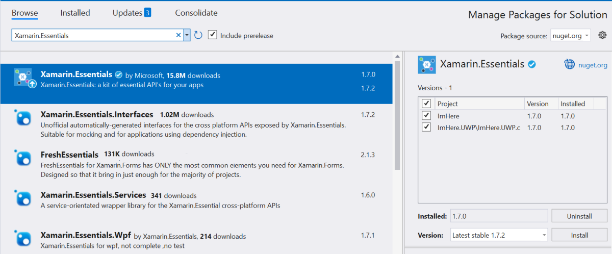 Screenshot that shows how to add the Xamarin dot Essentials New Get package.