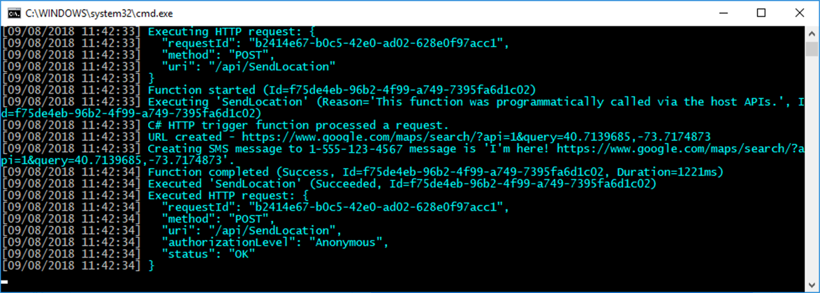 Screenshot that shows the Azure Functions console with the message sent.