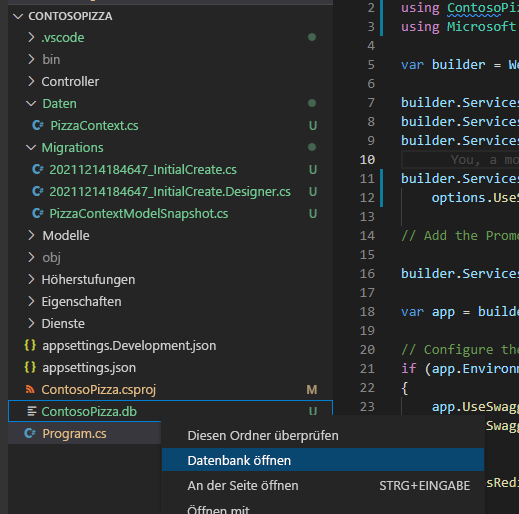 Screenshot: Menüoption „Datenbank öffnen“ im Explorer-Bereich in Visual Studio Code