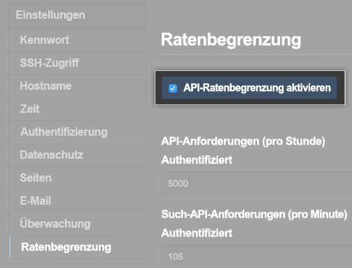 Screenshot of the management console setting the API rate limits.