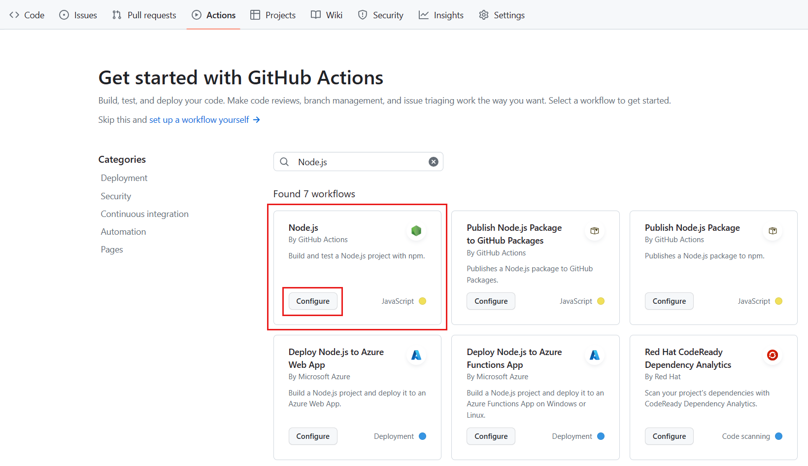 Screenshot showing GitHub Actions tab with the Node.js pane highlighted and the Node.js template selected.