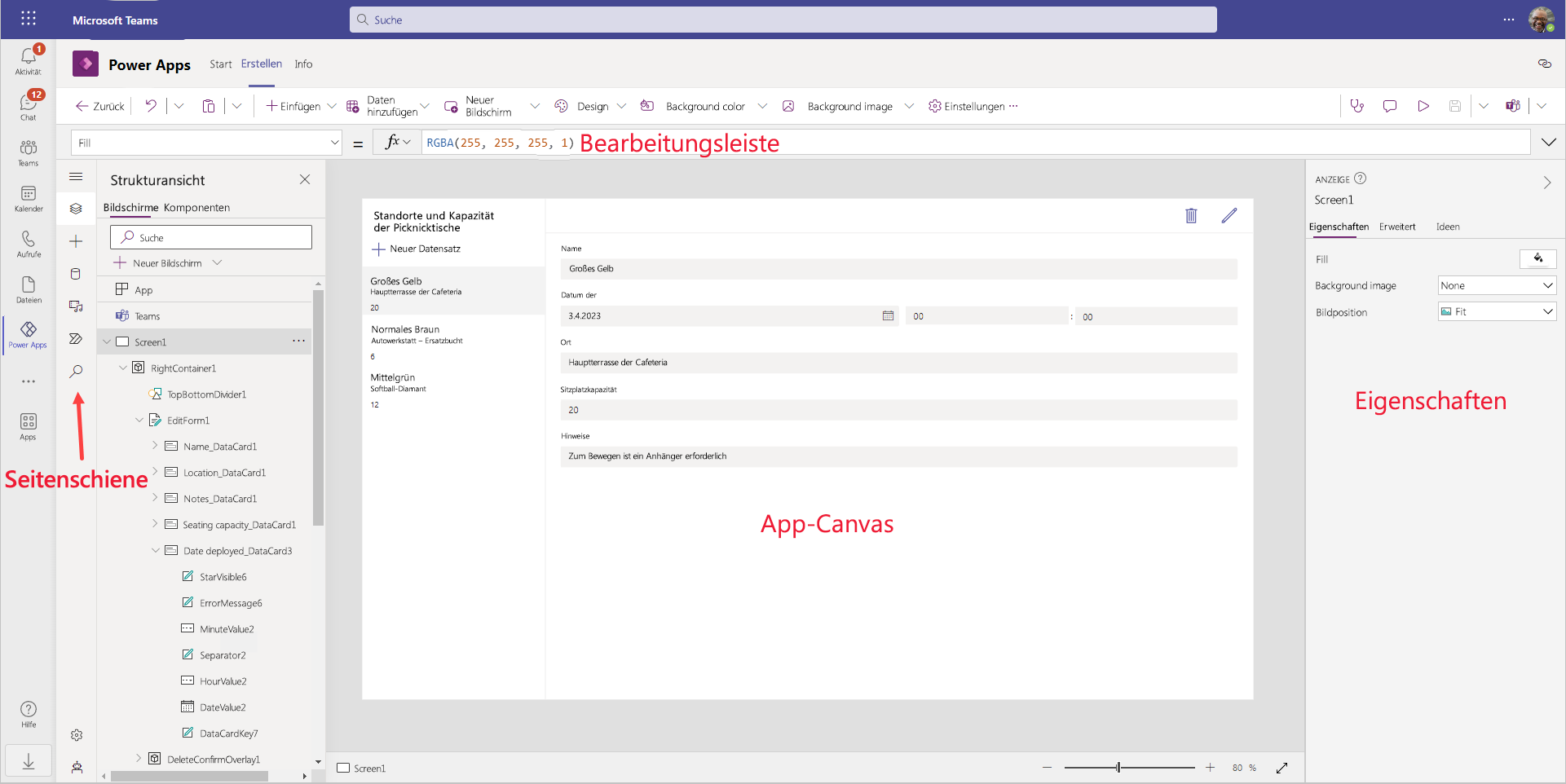Screenshot des Power Apps Studio, um Änderungen vorzunehmen