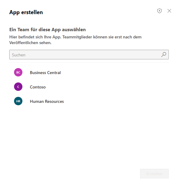 Screenshot des Popup-Fenster „Team für diese App auswählen“