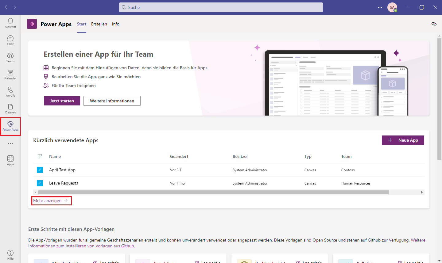 Screenshot, der zeigt, wie Sie Ihre App in Teams finden