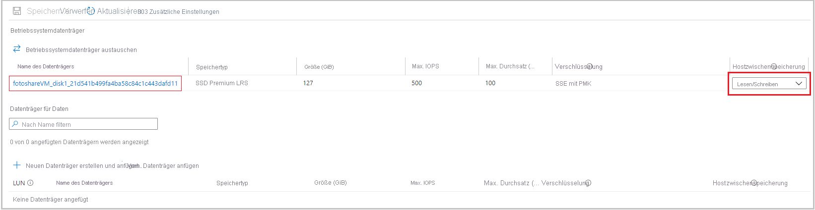 Screenshot of the Azure portal showing the Disks section of a VM pane, with the OS disk shown and set to Read-only caching.