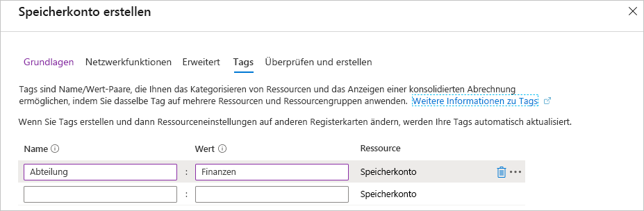 Screenshot of Azure portal showing a new Department tag to add during creation.