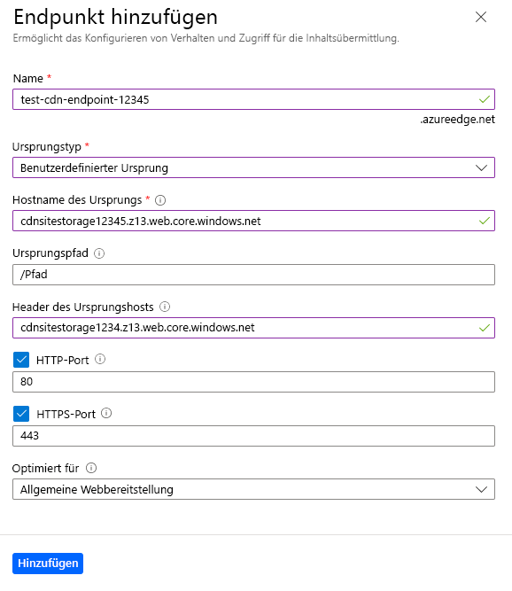 Screenshot of create a new CDN endpoint page in the Azure portal.