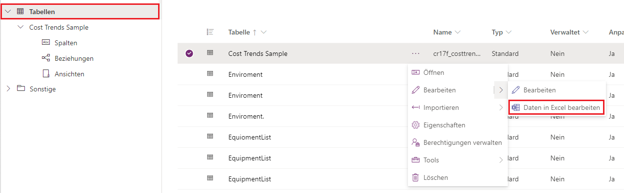 Screenshot des Power Apps-Dialogfelds „Tabellen“ mit Rechteck um „Tabellen“ und „Daten in Excel bearbeiten“