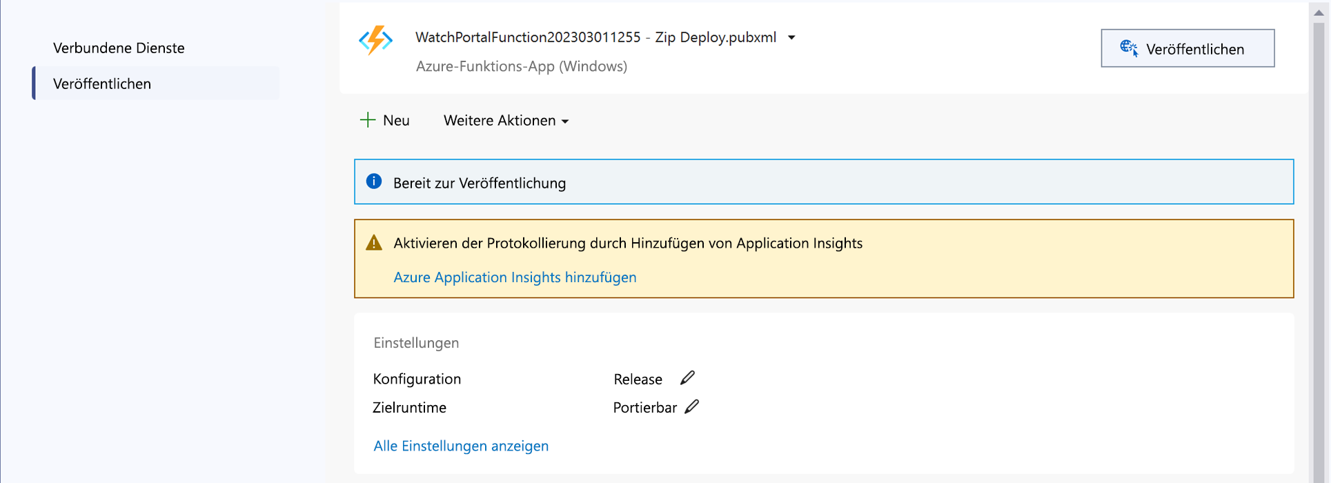 Screenshot: Visual Studio mit der hervorgehobenen Option „Fertig stellen“