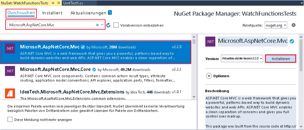 Screenshot: Fenster „NuGet-Paket-Manager“. Der Benutzer installiert das Paket „Microsoft.AspNetCore.Mvc“.