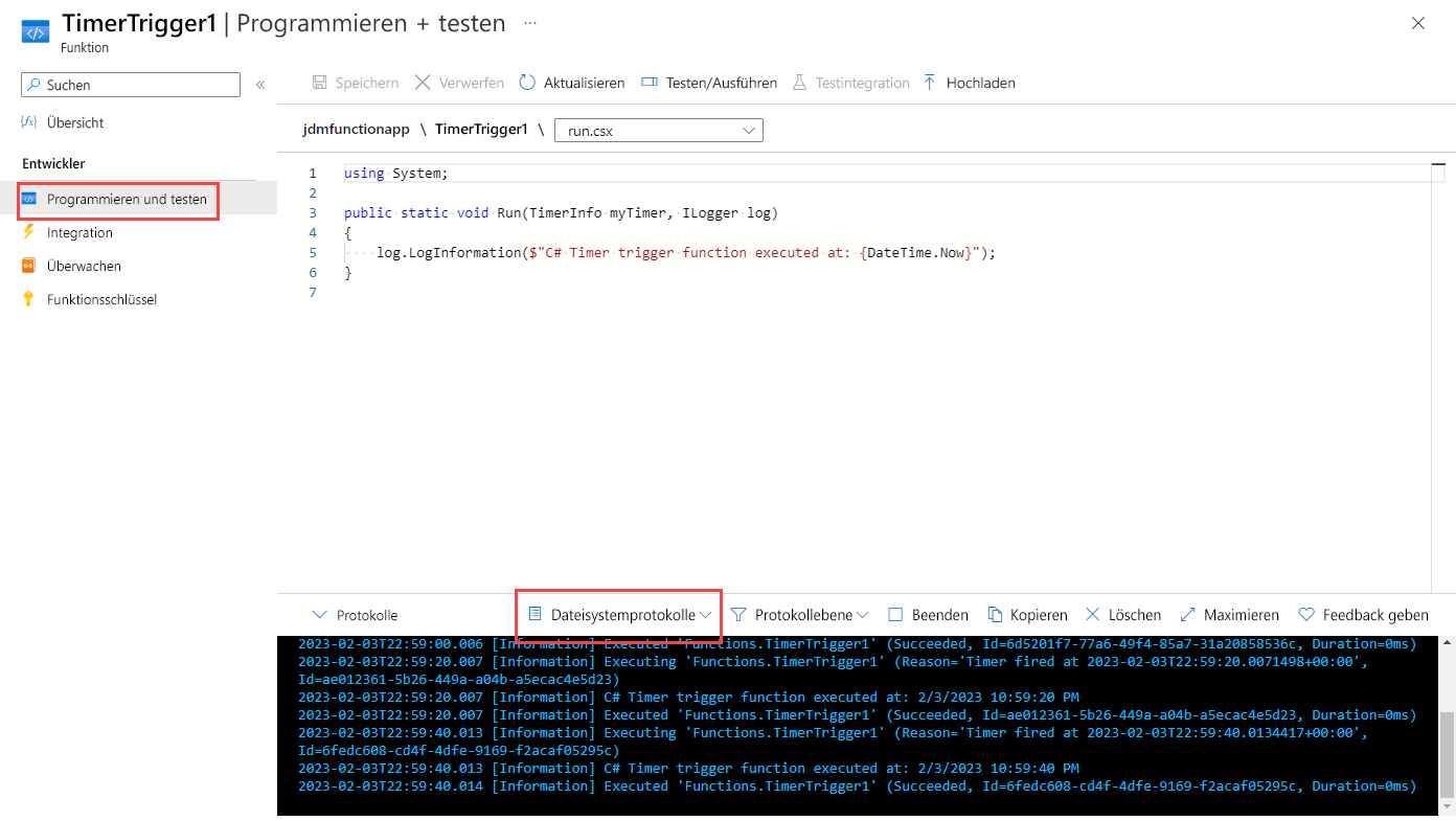 Screenshot: Bereich „Programmieren und testen“ mit angezeigtem Dateisystemprotokoll