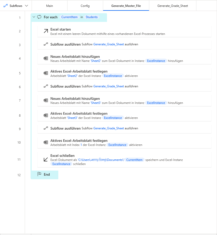 Screenshot des Arbeitsbereichs „Masterdatei-Subflow erstellen“