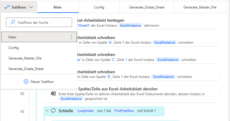 Screenshot des Bereichs „Subflows“ mit hinzugefügtem leeren Subflow