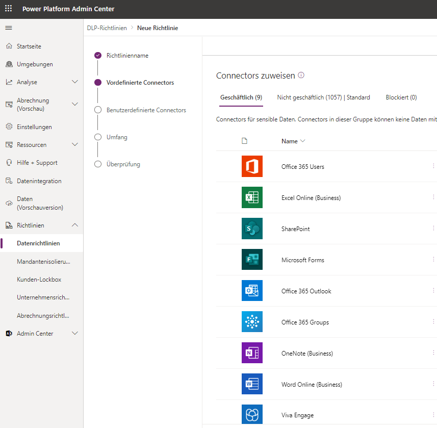 Screenshot des Microsoft Power Platform Admin Center mit hinzugefügten Konnektoren