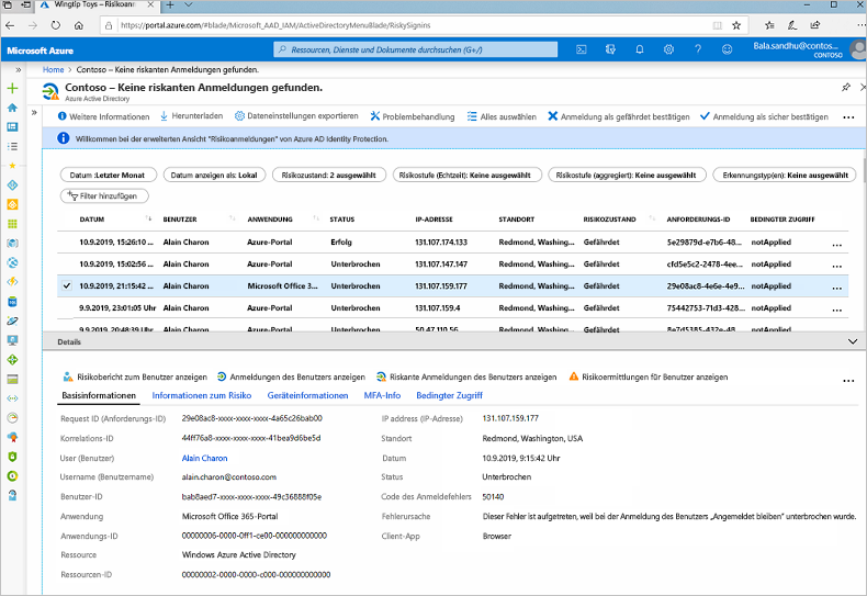 Screenshot of a risky sign-ins report in the Azure portal.
