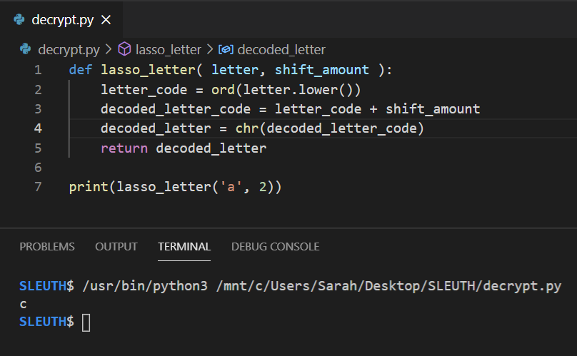 Screenshot that shows the output of the letter c.