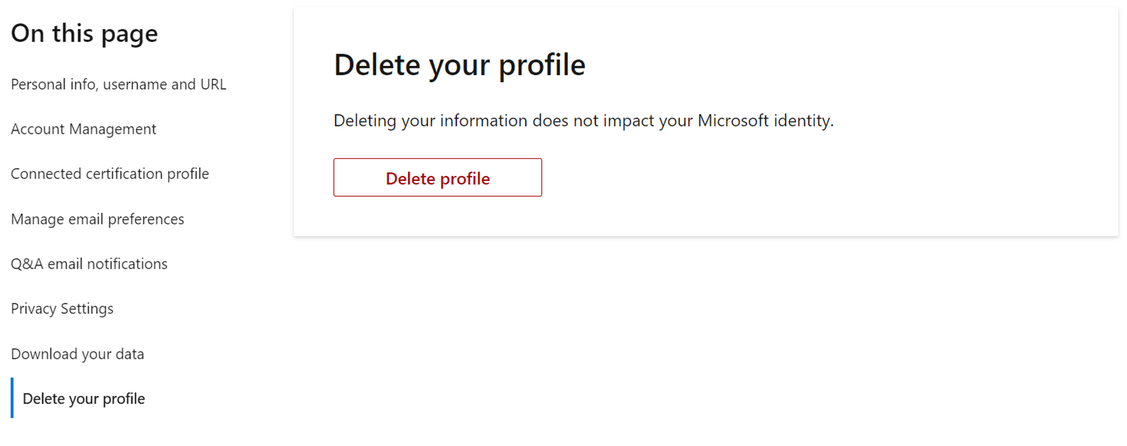 Screenshot des Abschnitts „Löschen des Profils“ in den Microsoft Learn-Profileinstellungen