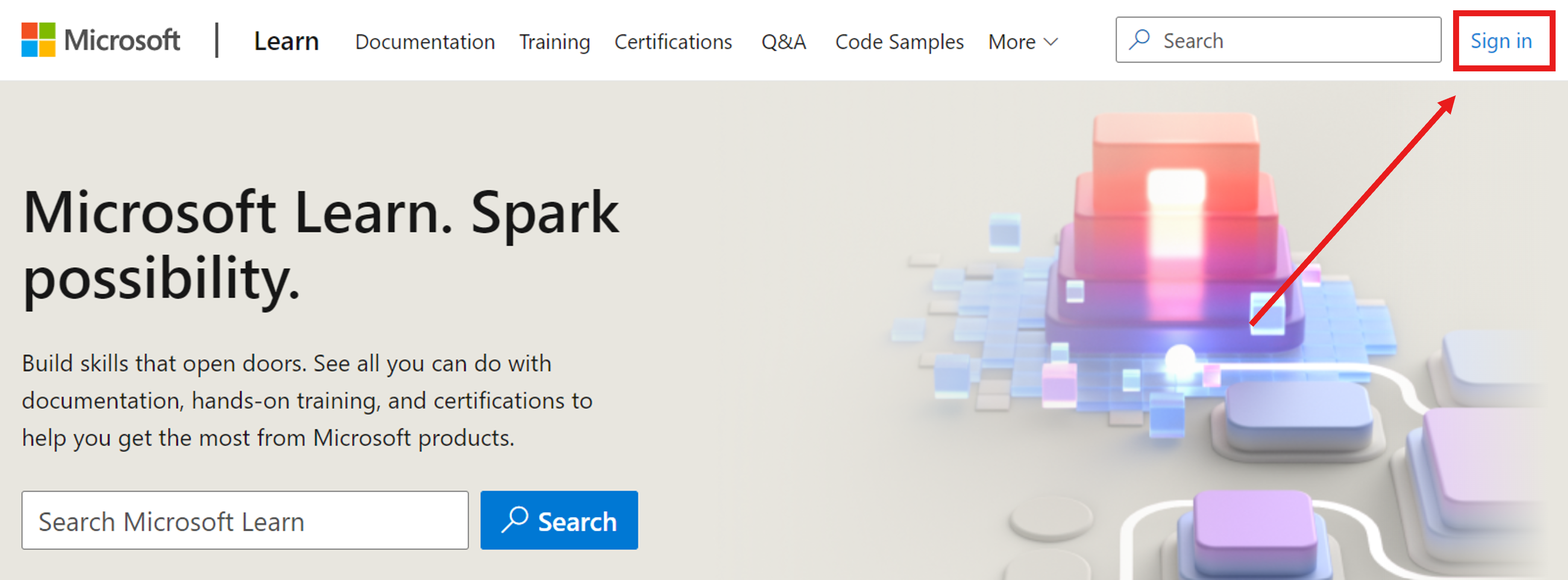 Screenshot der Microsoft Learn-Startseite mit einem Pfeil zum Anmeldelink in der oberen rechten Ecke