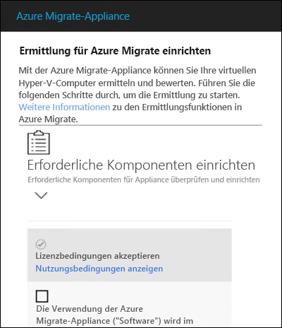 Screenshot of the Azure Migrate appliance web app, showing the first option to accept License terms for the Azure Migrate appliance.