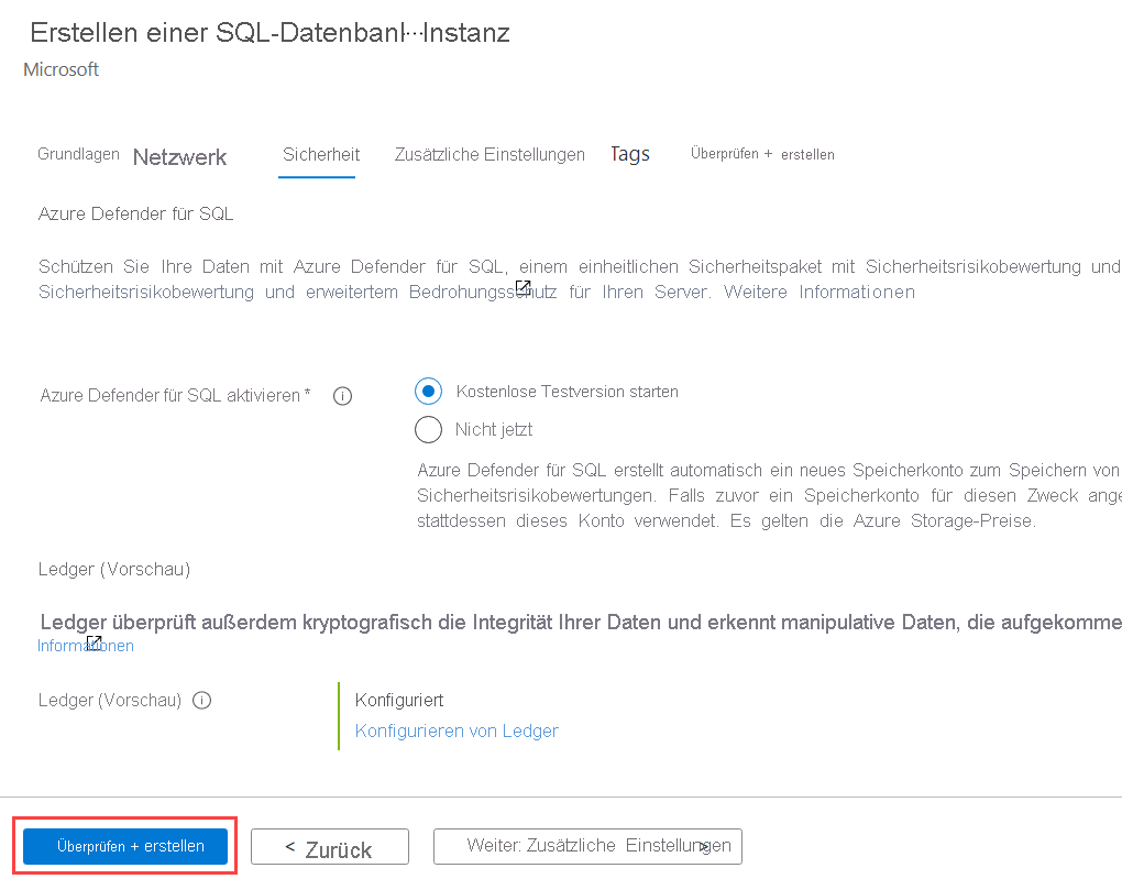  Screenshot that shows reviewing and creating a ledger database on the Security tab of the Azure portal.