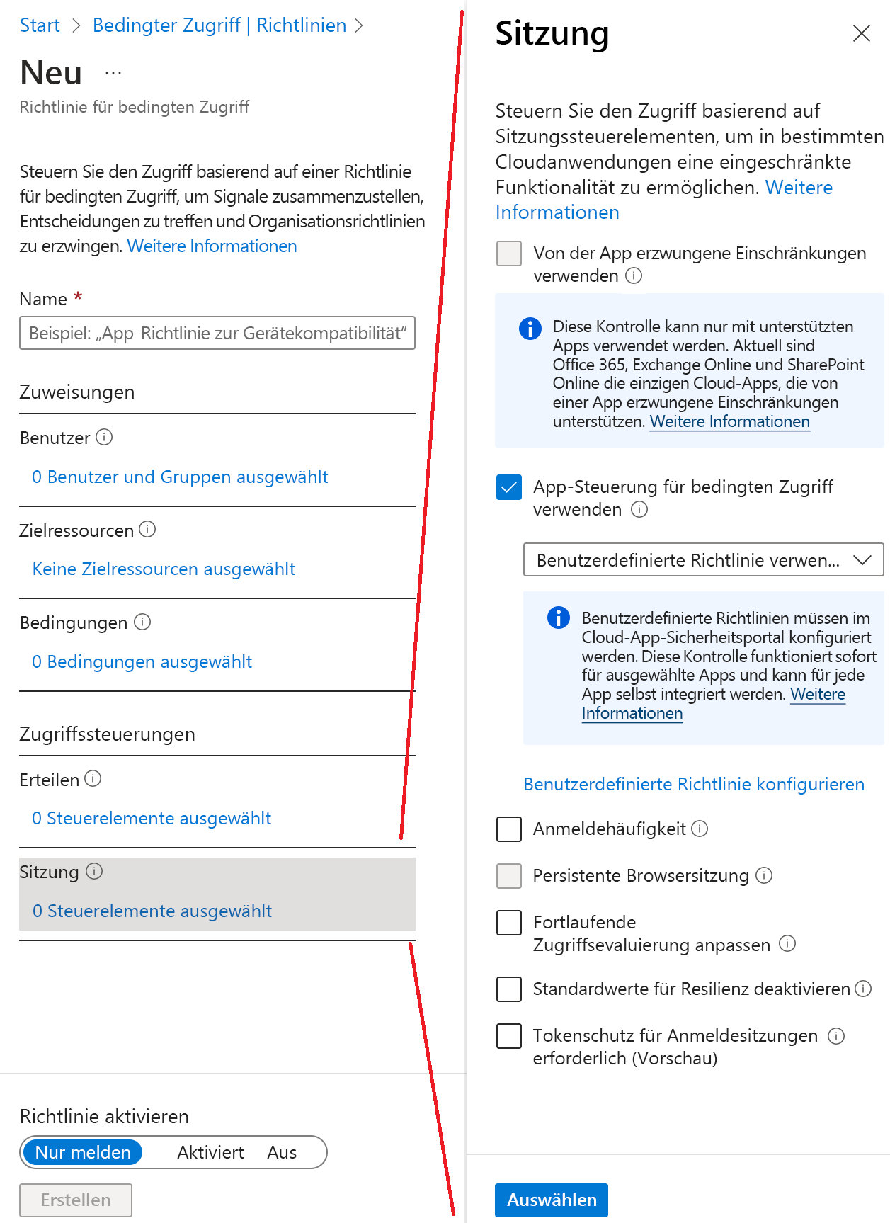 Screenshot: Microsoft Entra-Assistent für Richtlinien für bedingten Zugriff mit hervorgehobener Option „App-Steuerung für bedingten Zugriff verwenden“