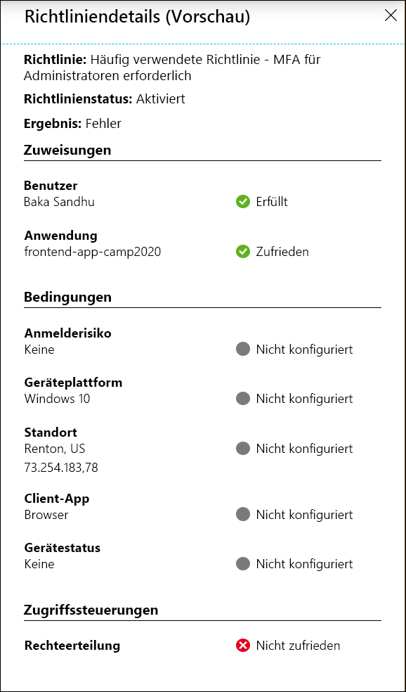 Screenshot des Bildschirms „Richtliniendetails (Vorschau)“ in Microsoft Entra mit bedingtem Zugriff