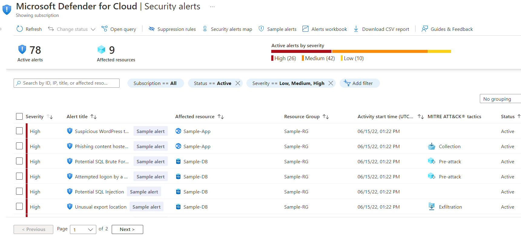 Screenshot of the Defender for Cloud Alerts list page.