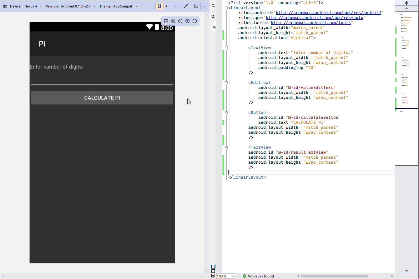 Screenshot of Visual Studio showing the Android designer in split view, with the visual preview on the left and the source view on the right.