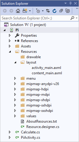 Screenshot of the Visual Studio Solution Explorer with the Resources folder expanded to show layout .axml files.