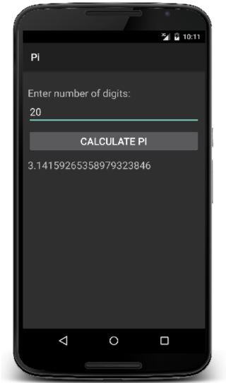 Screenshot showing the Pi Calculator Xamarin.Android app running on an Android device.