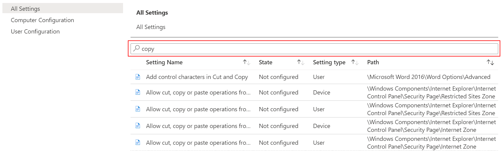 Suchen Sie nach „copy“, um in den administrativen Vorlagen alle Geräteeinstellungen in Microsoft Intune und Endpoint Manager-Admin Center anzuzeigen.