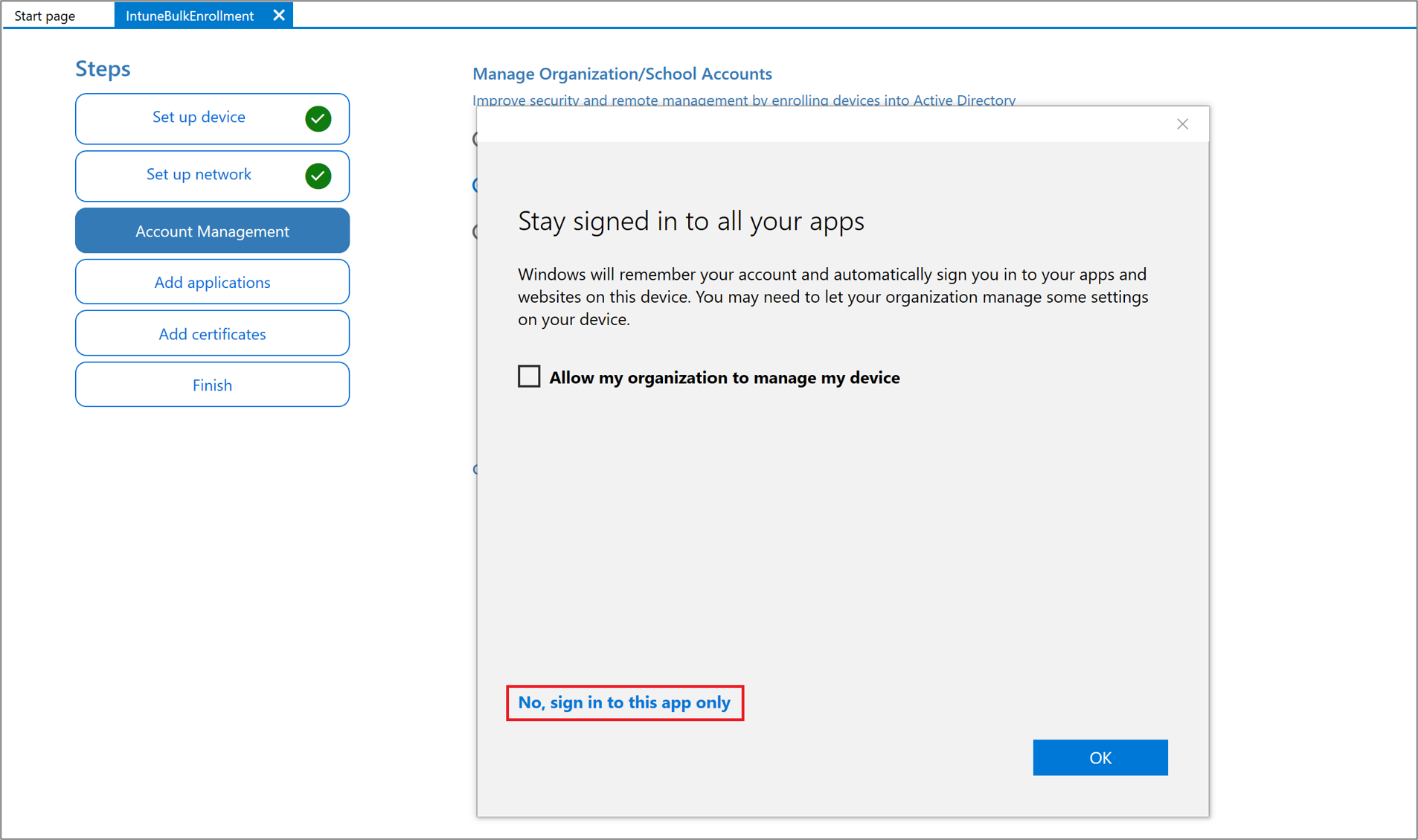 Screenshot der Anmeldung bei der Windows Configuration Designer-App