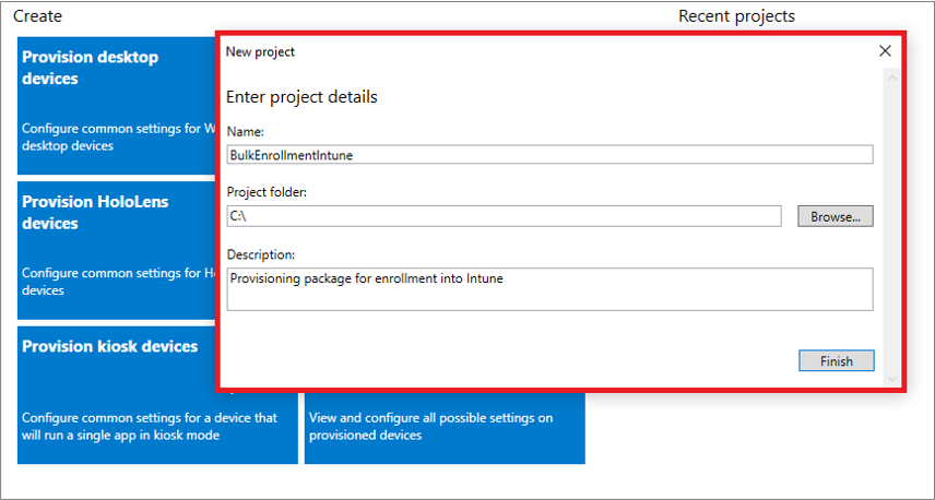 Screenshot der Angabe von Name, Projektordner und Beschreibung in der Windows Configuration Designer App