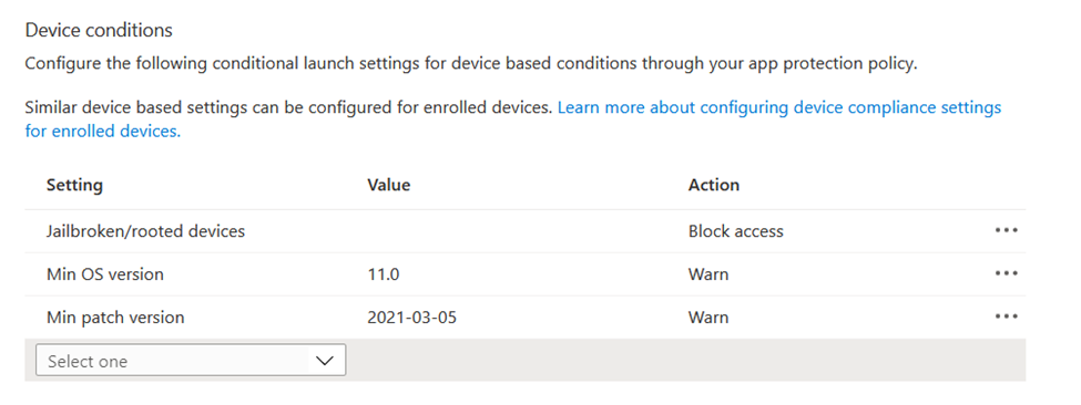 Screenshot: Gerätebasierte Bedingungen in einer App-Schutzrichtlinie im Microsoft Intune Admin Center