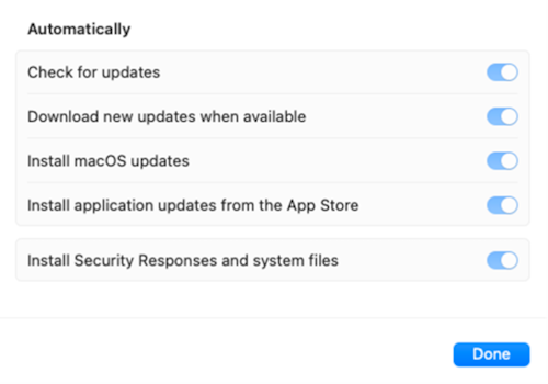 Die Softwareupdateeinstellungen sind abgeblendet, nachdem die Updaterichtlinie des Intune-Einstellungskatalogs für ein macOS Apple-Gerät gilt.