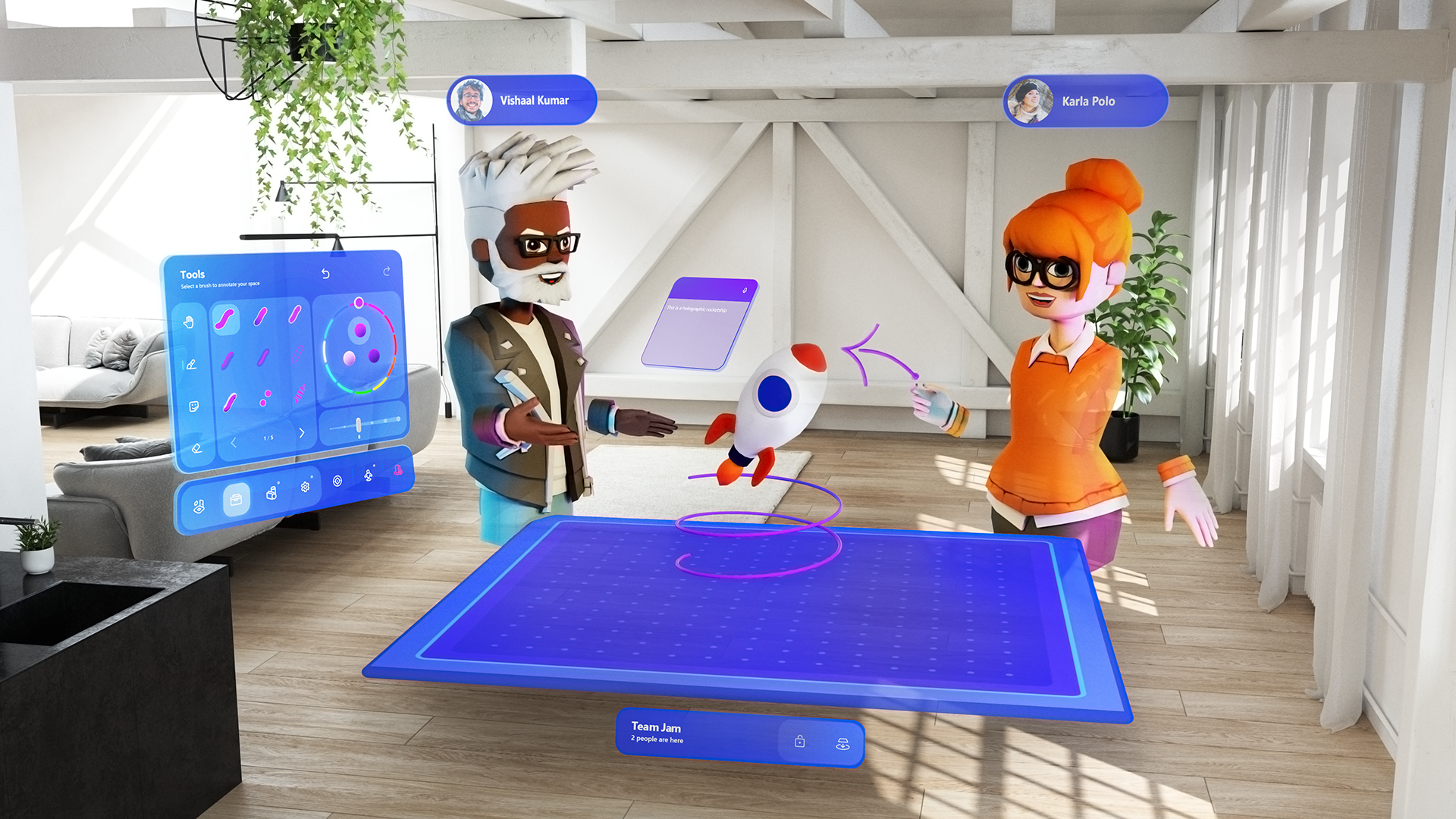 Das Bild zeigt, wie zwei virtuelle Avatare in einem virtuellen Raum miteinander arbeiten. Sie haben auf einem virtuellen Tisch eine Rakete, über die sie gerade sprechen. 