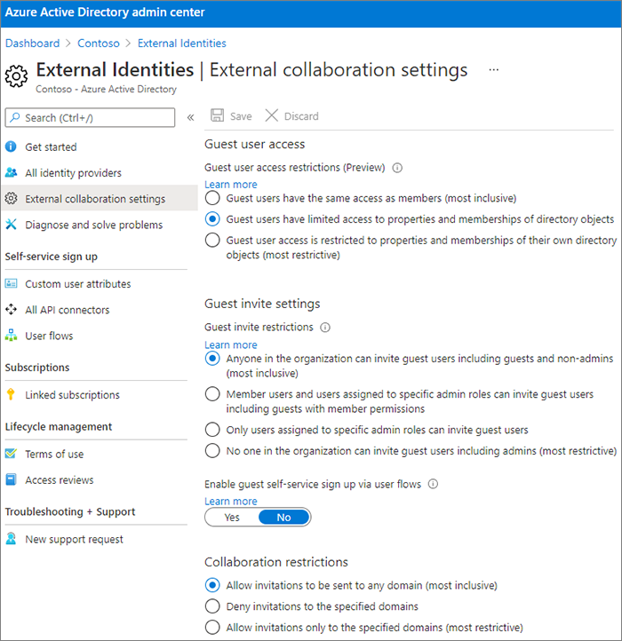 Screenshot: Einstellungsseite für Microsoft Entra externe Zusammenarbeit.