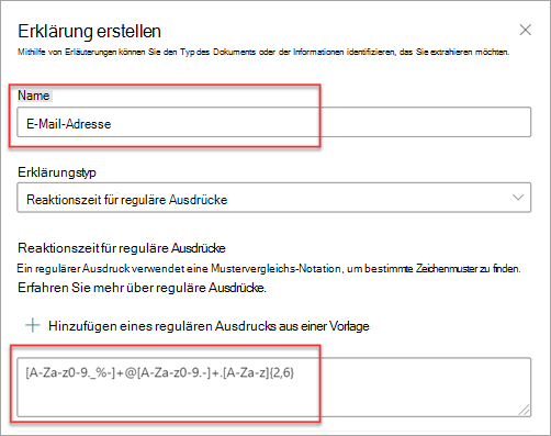Screenshot zeigt den Bereich „Erstellen einer Erklärung“ mit der Vorlage „E-Mail-Adresse“ angewendet.