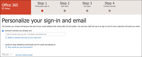 Abbildung of_Office 365 E5-Setupseite, auf der Sie Ihre Anmeldung und E-Mail personalisieren sollten.