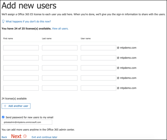 Die Office 365 E5-Setupseite, auf der Sie weitere Benutzer hinzufügen können