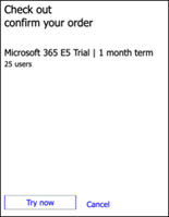 Die Microsoft 365 E5 Kostenlose Testversionsseite starten, auf der Sie die Schaltfläche &quot;Jetzt testen&quot; zum Starten anzeigen sollten