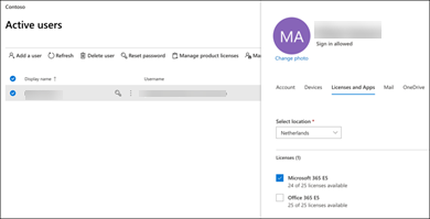 Abbildung of_Microsoft 365 Admin Center-Seite, auf der Sie Microsoft 365 E5 Lizenz auswählen können.