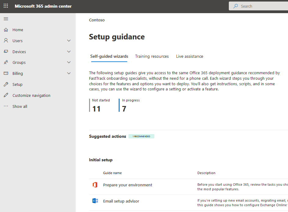 Screenshot der Seite "Setupanleitung" im Microsoft 365 Admin Center