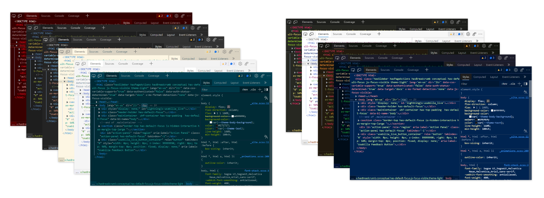 Vier Microsoft Edge-Fenster, jedes mit geöffneten DevTools und jedes mit einem anderen DevTools-Farbdesign