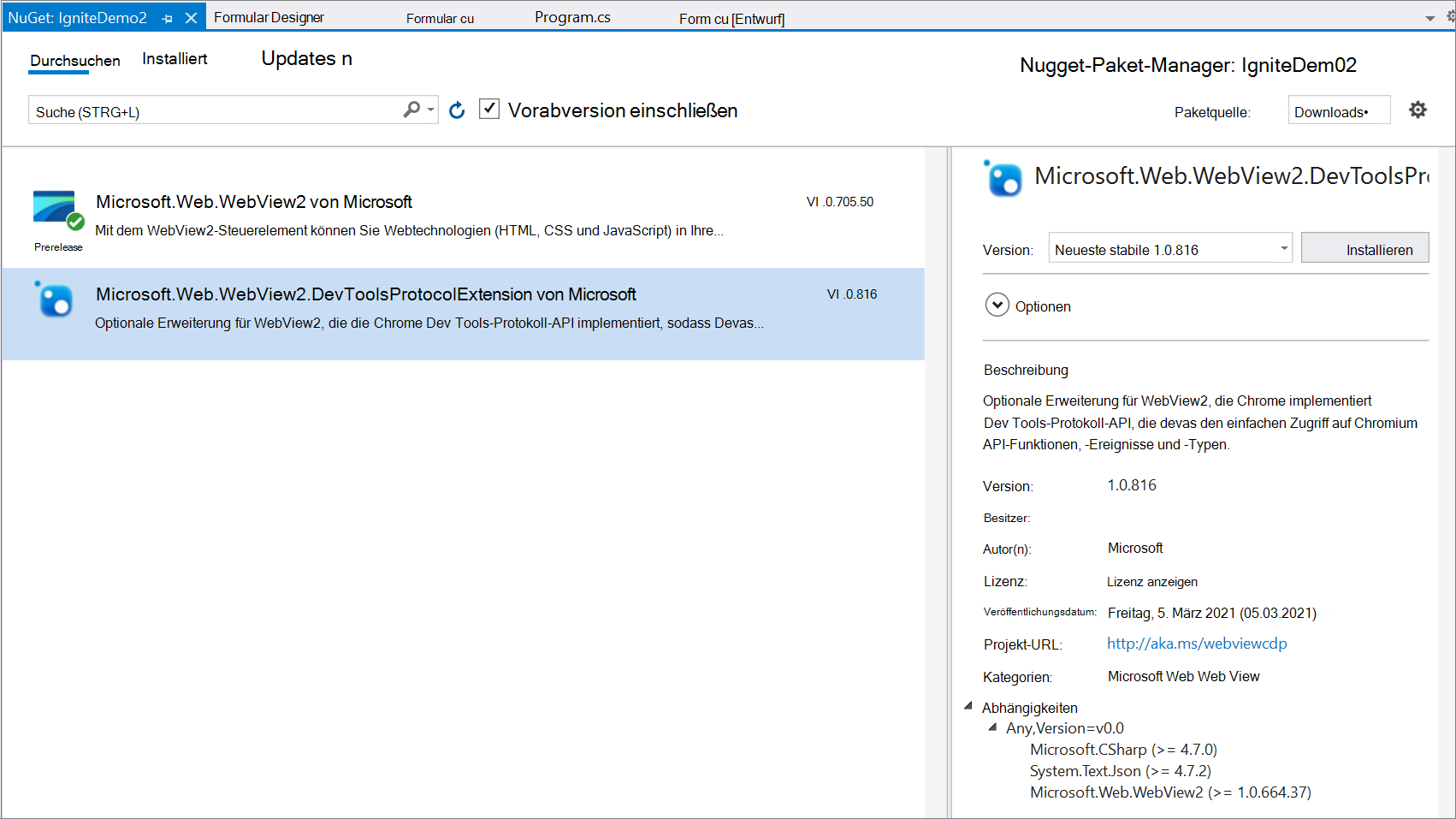 Sicherstellen, dass Microsoft.Web.WebView2.DevToolsProtocolExtension im NuGet-Paket-Manager von Visual Studio angezeigt wird
