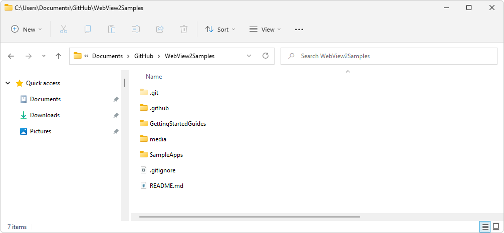 Explorer mit dem Verzeichnis für das geklonte WebView2Samples-Repository