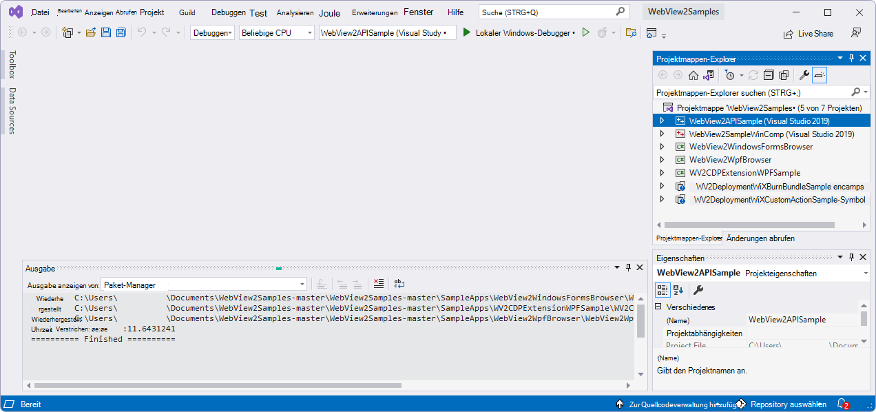 Visual Studio 2022 nach dem Ausführen des Workloadinstallationsprogramms beim Öffnen des Multiplattform-Api-Beispiels