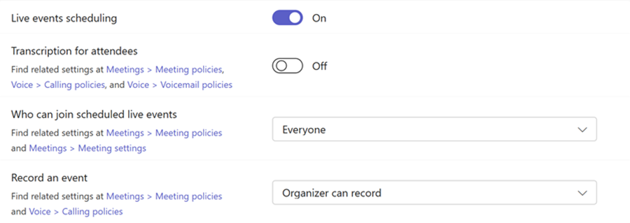 Screenshot: Richtlinien für Teams-Liveereignisse im Teams Admin Center
