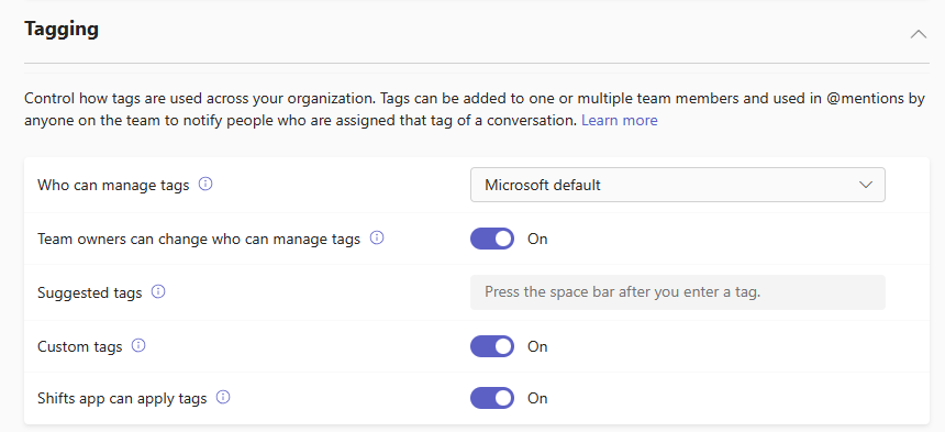 Screenshot: Taggingeinstellungen im Microsoft Teams Admin Center